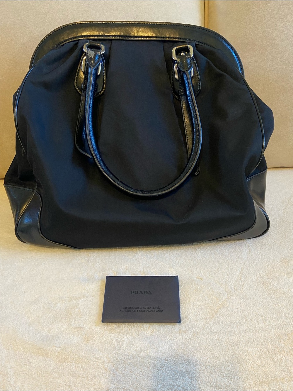 Prada Black Nylon Tote with Black Leather Trim and Gold Logo - Picture 2 of 9